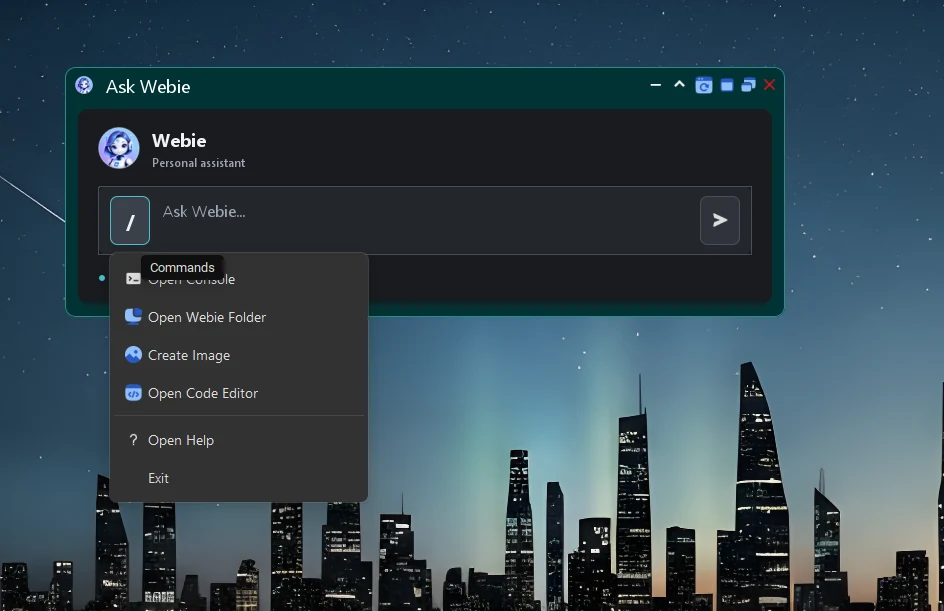 Ask Webie floating command and assistant window