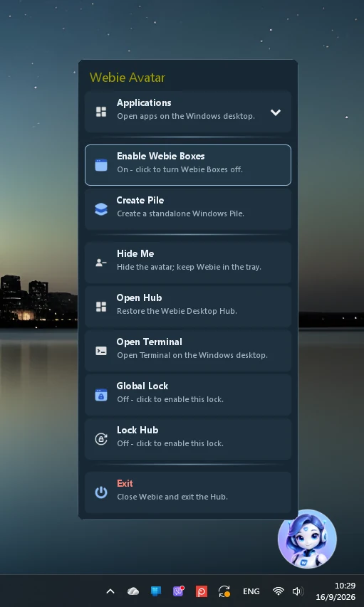 Webie Avatar quick access menu on the Windows desktop