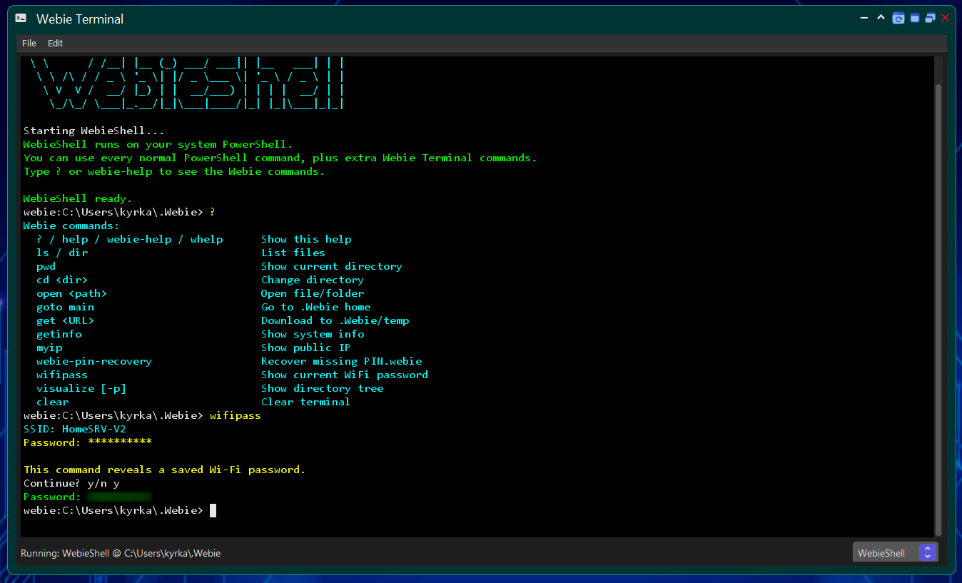 Webie Shell / Terminal: εντολές και αποτελέσματα